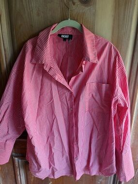 DKNY Red and White Striped Button-Down Shirt